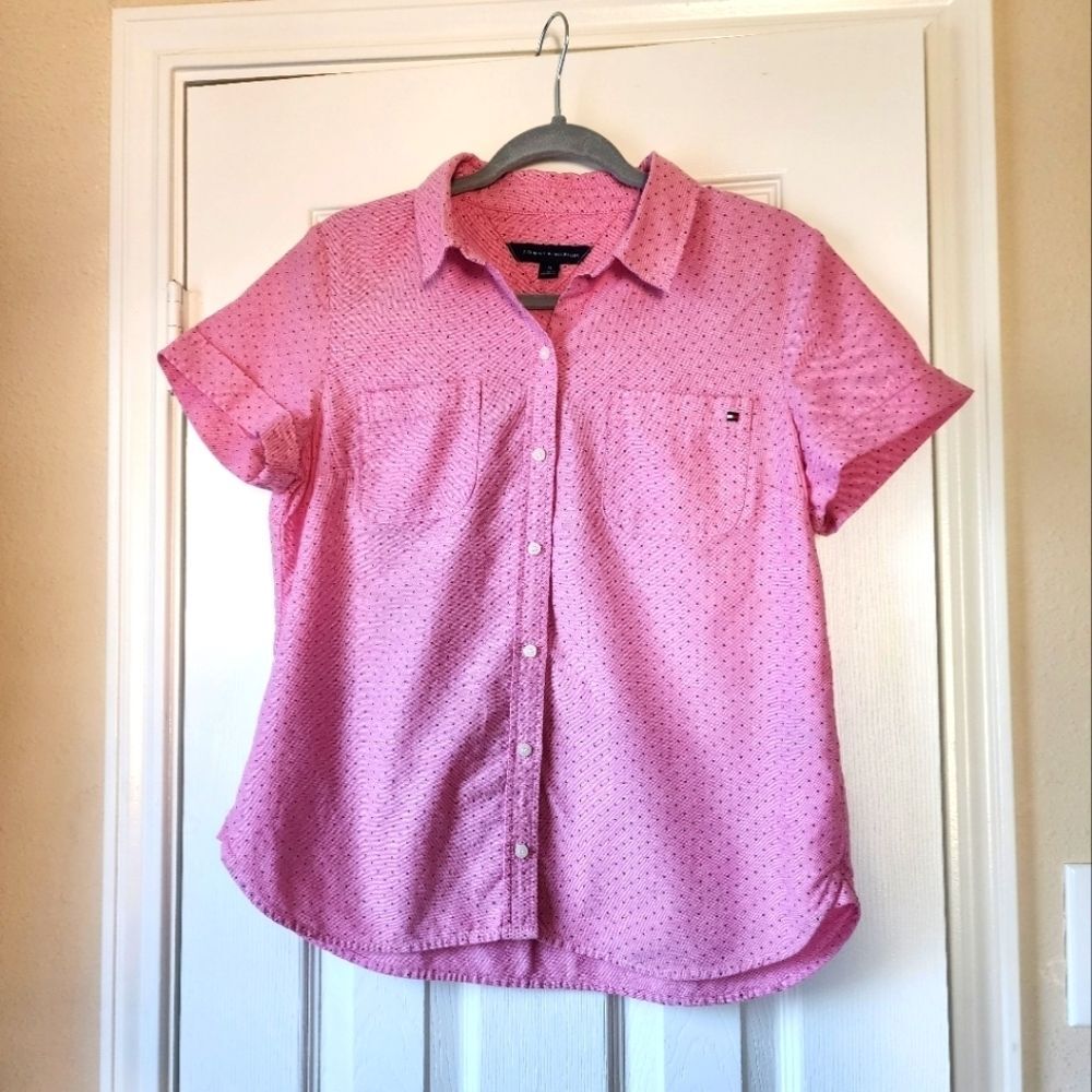 Tommy Hilfiger Shirt Women's Medium Pink Polka Dot Pockets Top Short Sleeve